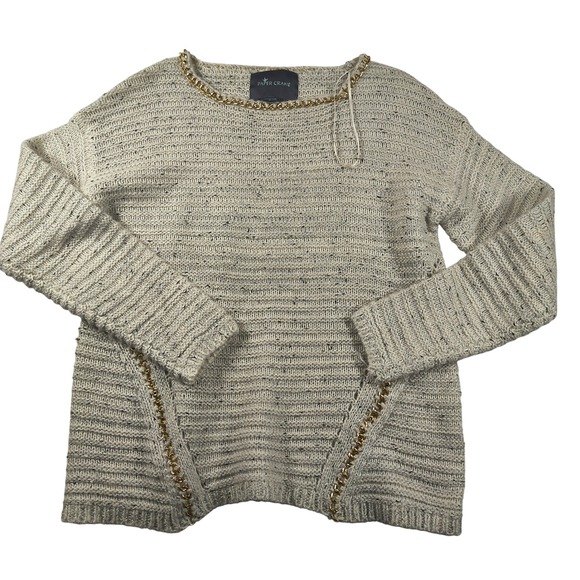 Paper Crane Sweaters - Paper Crane Sweater Gray  Knit Long Sleeve Metallic Gold Chain Trim Cozy Chic‎